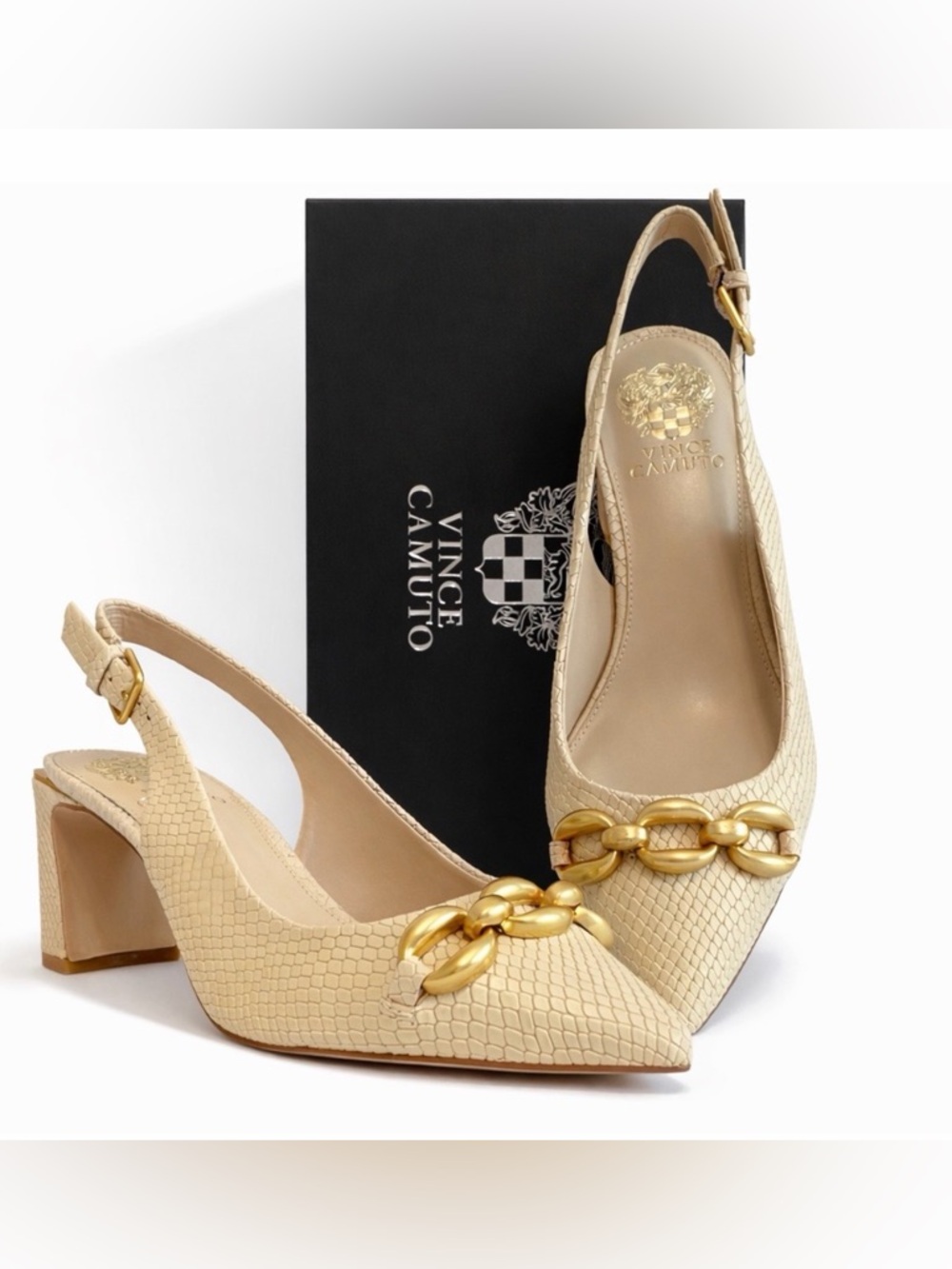 Vince Camuto • “Hamden” Slingback Heels Cream Gold Chain Block Heel | NIB